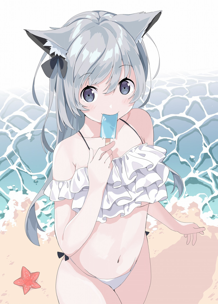 1girl animal_ear_fluff animal_ears bangs beach bikini black_bow bow closed_mouth commentary_request day eating eyebrows_visible_through_hair food grey_eyes hair_between_eyes hair_bow highres holding holding_food long_hair looking_at_viewer navel original outdoors popsicle sand silver_hair smile solo standing starfish swimsuit tantan_men_(dragon) very_long_hair water white_bikini