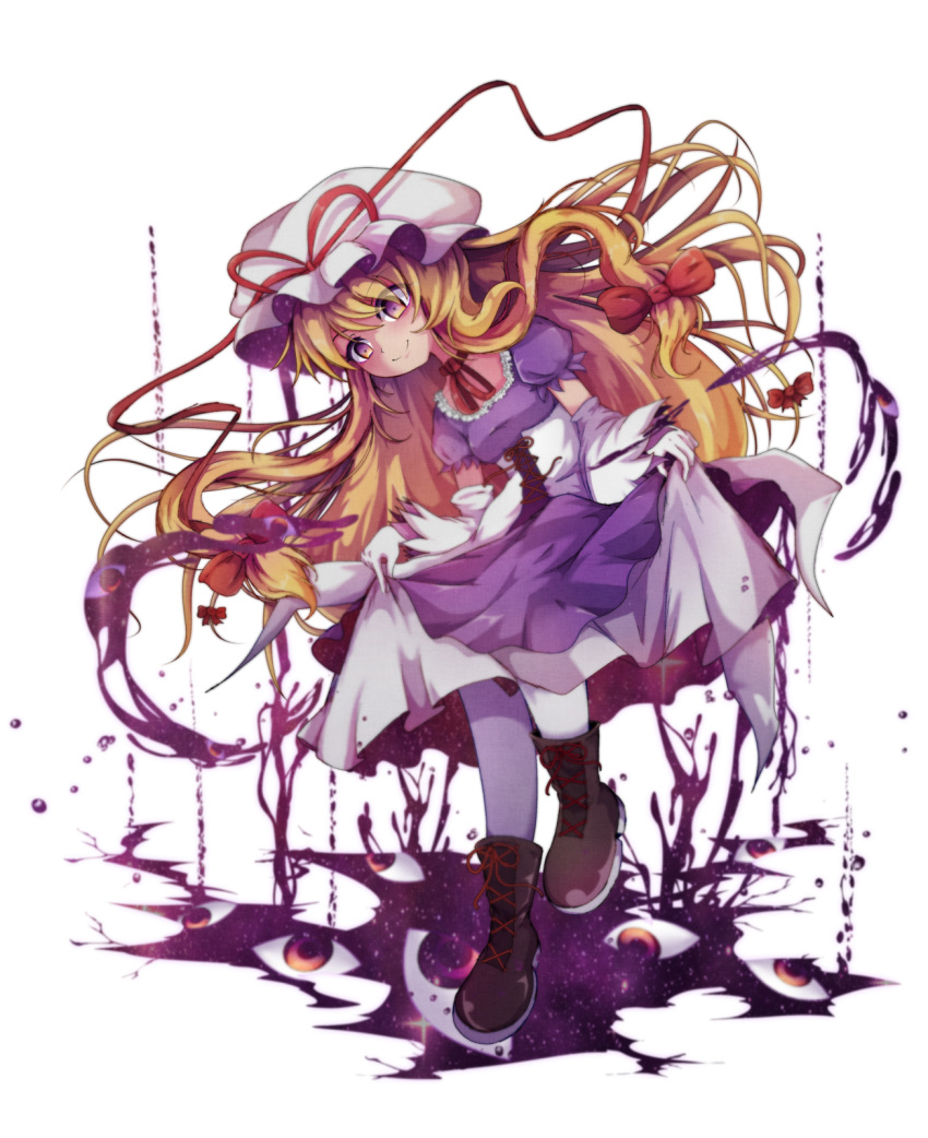 1girl blonde_hair boots cross-laced_footwear dress gloves gradient_eyes hat highres lace-up_boots long_hair looking_down mob_cap multicolored multicolored_eyes purple_dress shen_li short_sleeves skirt_hold smile solo touhou transparent_background white_gloves white_legwear yakumo_yukari