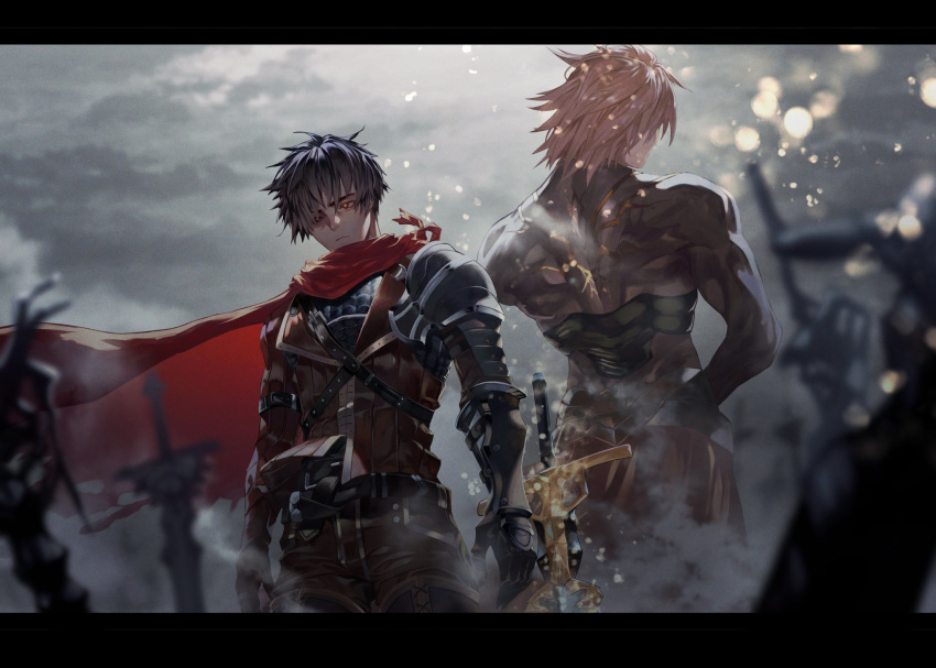 2boys armor back-to-back battlefield belt black_eyes black_hair blonde_hair blurry blurry_foreground cape clawed_gauntlets closed_mouth clouds cloudy_sky gauntlets grey_sky gyudong123 hand_on_hip heterochromia highres male_focus multiple_boys muscle orange_eyes original outdoors pauldrons planted planted_sword planted_weapon red_cape shoulder_armor sky sword torn_cape torn_clothes vambraces weapon