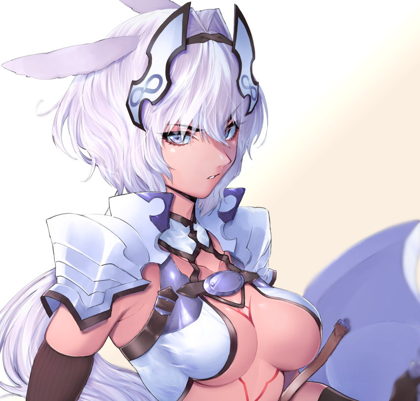 1girl absurdres animal_ears armor bikini_armor black_gloves blue_eyes body_markings breasts caenis_(fate) dark_skin elbow_gloves eyebrows_visible_through_hair fate/grand_order fate_(series) frown gloves hair_intakes headgear highres long_hair looking_at_viewer medium_breasts parted_lips re_(scd6) shoulder_armor shoulder_plates skindentation solo tattoo v-shaped_eyebrows white_hair