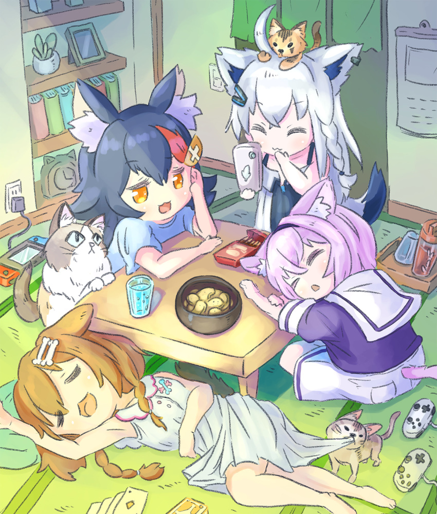 4girls animal_ear_fluff animal_ears animal_on_head bangs black_hair blue_shirt bone_hair_ornament braid brown_hair card cat cat_ears cat_girl cat_on_head cat_tail chibi closed_eyes commentary_request dog_ears dog_girl dog_tail dress dress_pull earrings eyebrows_visible_through_hair fox_ears fox_girl fox_tail glass hair_between_eyes hair_ornament hairclip halterneck highres holding holding_phone hololive hololive_gamers indoors inugami_korone jewelry multicolored_hair multiple_girls nekomata_okayu nintendo_switch on_head ookami_mio open_mouth orange_eyes phone pillow playing_card purple_hair purple_shirt redhead shirakami_fubuki shirt short_sleeves sidelocks single_braid sleeping table tail twin_braids two-tone_hair white_dress white_hair white_shirt wolf_ears wolf_girl wolf_tail yunra665