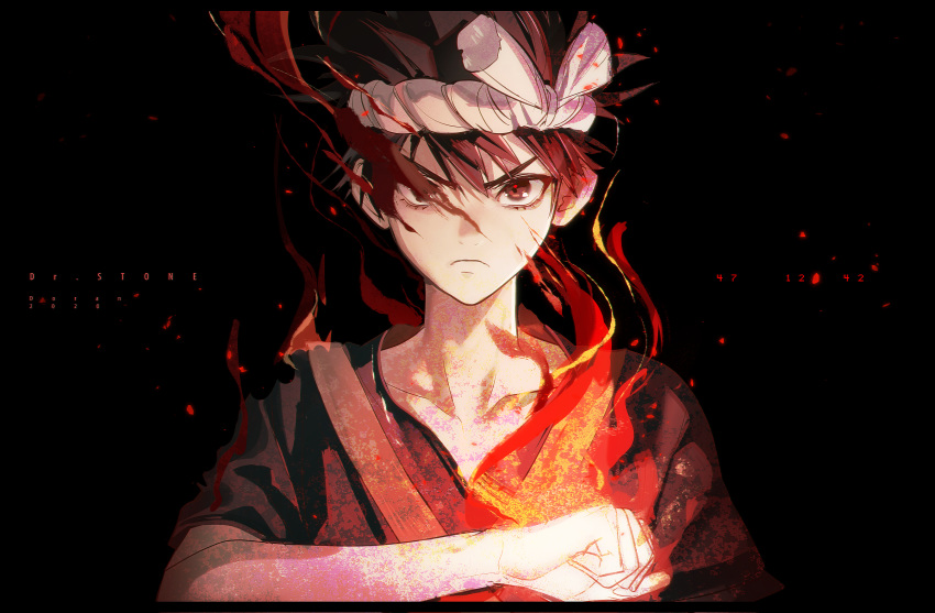 1boy black_background brown_eyes brown_hair chrome_(dr._stone) clenched_hand doran7280 dr._stone fire hair_between_eyes hand_on_own_chest highres short_hair simple_background solo spiky_hair