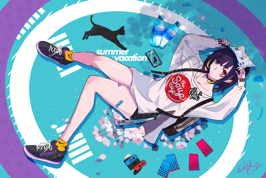 1girl animal_ears arms_up backpack bag cat cat_ears headphones highres legs legs_apart looking_at_viewer lying nintendo_switch nono_shizuku on_back original path red_eyes shoes short_hair short_shorts shorts sneakers solo