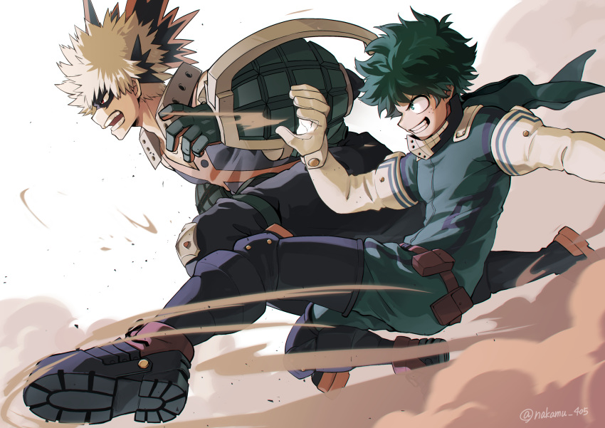 2boys absurdres artist_name bakugou_katsuki bangs black_gloves blonde_hair bodysuit boku_no_hero_academia boots commentary_request elbow_gloves explosive eye_mask freckles from_side gloves green_bodysuit green_hair grenade grin hair_ornament hand_up highres male_focus messy_hair midoriya_izuku multiple_boys nakamu_405 red_eyes red_gloves short_hair smile spiky_hair teeth thigh-highs thigh_boots two-tone_gloves white_gloves
