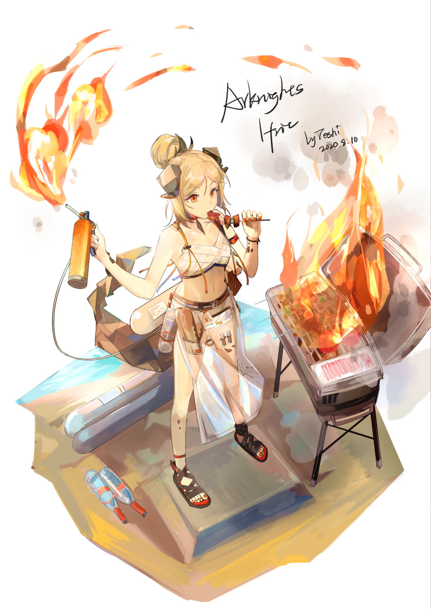 1girl absurdres arknights bandeau barbecue bare_arms bare_legs bare_shoulders blonde_hair fire flamethrower full_body hair_bun highres holding horns ifrit_(arknights) looking_at_viewer midriff navel orange_eyes ore_lesion_(arknights) sandals sarong solo standing swimsuit tail tianye_toshi tied_hair weapon