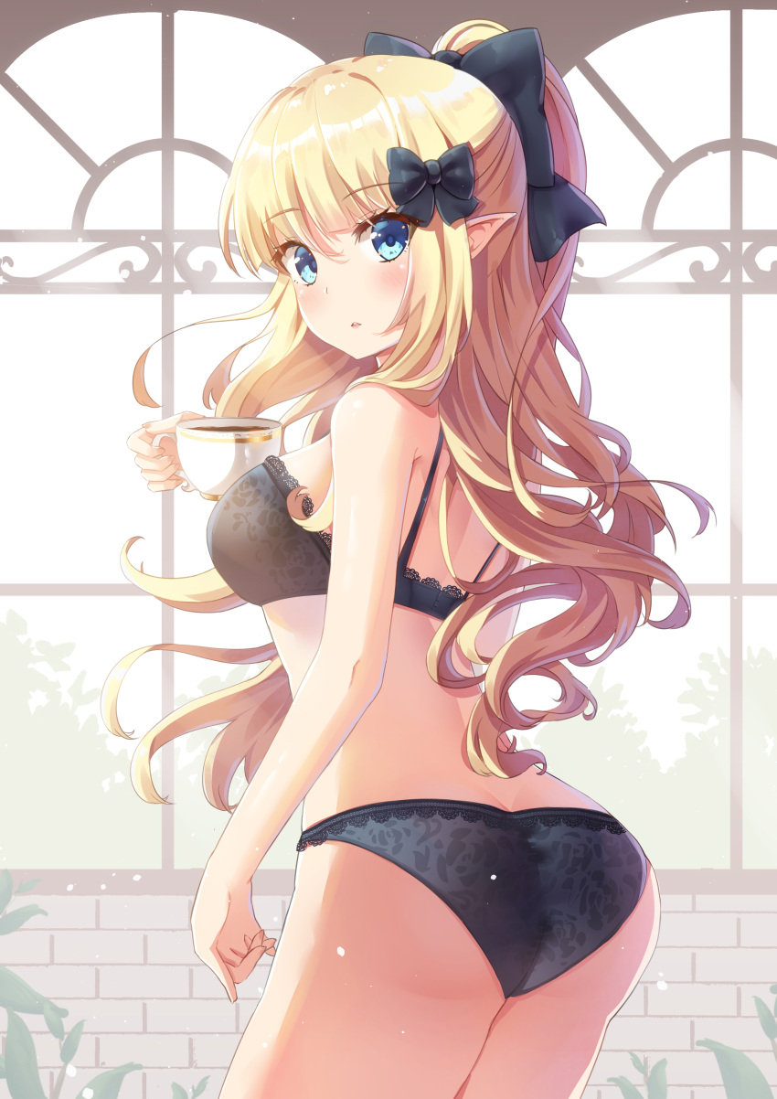 1girl absurdres ass bangs black_bow black_bra black_panties blonde_hair blue_eyes bow bra breasts cup elf eyebrows_visible_through_hair from_behind hair_bow hand_up highres holding holding_cup holmemee lace lace-trimmed_bra lace-trimmed_panties large_breasts lingerie long_hair looking_at_viewer open_mouth panties pointy_ears ponytail princess_connect! princess_connect!_re:dive purple_bow saren_(princess_connect!) shiny shiny_hair solo teacup underwear underwear_only very_long_hair window