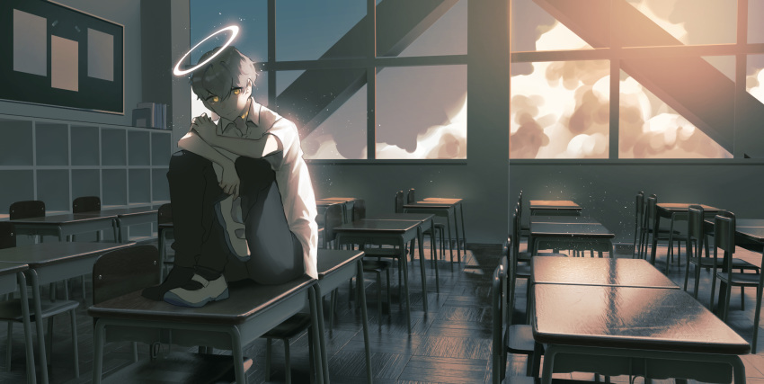 1boy 3d angel black_legwear chair classroom closed_mouth clouds cloudy_sky desk hair_between_eyes halo highres indoors isida_segu light_particles male_focus on_desk original school_desk sitting sitting_on_desk sky smile socks solo white_footwear white_hair wooden_floor yellow_eyes