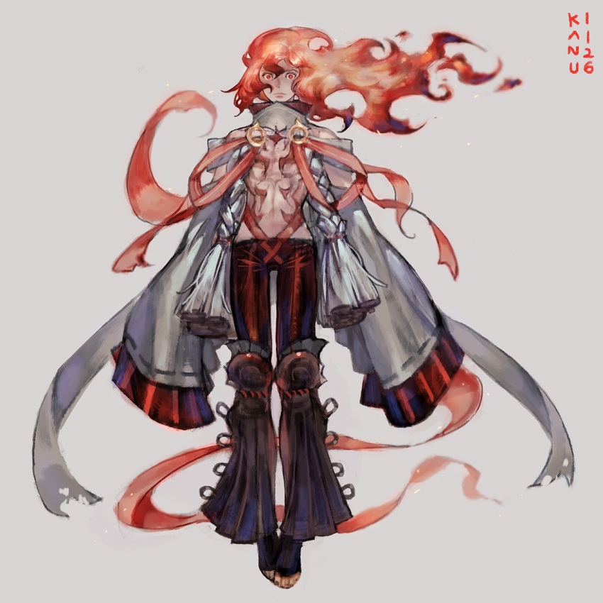 1boy bare_chest closed_fan closed_mouth fan fiery_hair fire floating folding_fan grey_background kanu_(kanu_0001) male_focus navel original red_eyes signature simple_background sleeves_past_fingers sleeves_past_wrists toenails torn_clothes wide-eyed