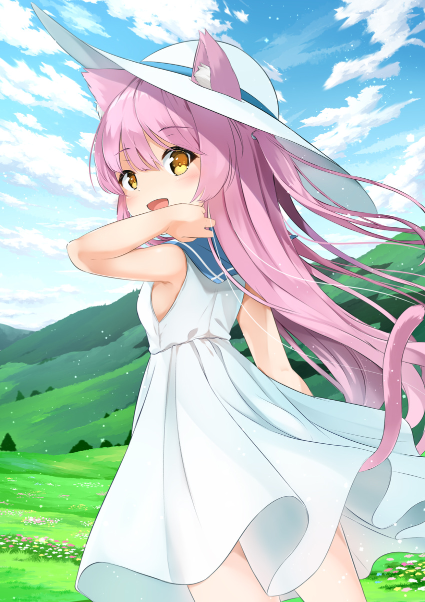 1girl :d animal_ear_fluff animal_ears bangs bare_arms bare_shoulders blue_sailor_collar blush brown_eyes cat_ears cat_girl cat_tail commentary_request day dress ears_through_headwear eyebrows_visible_through_hair field hair_between_eyes hand_up hat highres long_hair looking_at_viewer looking_back one_side_up open_mouth original outdoors pink_hair sailor_collar sailor_dress sleeveless sleeveless_dress smile solo sora_(silent_square) sun_hat tail very_long_hair white_dress white_headwear