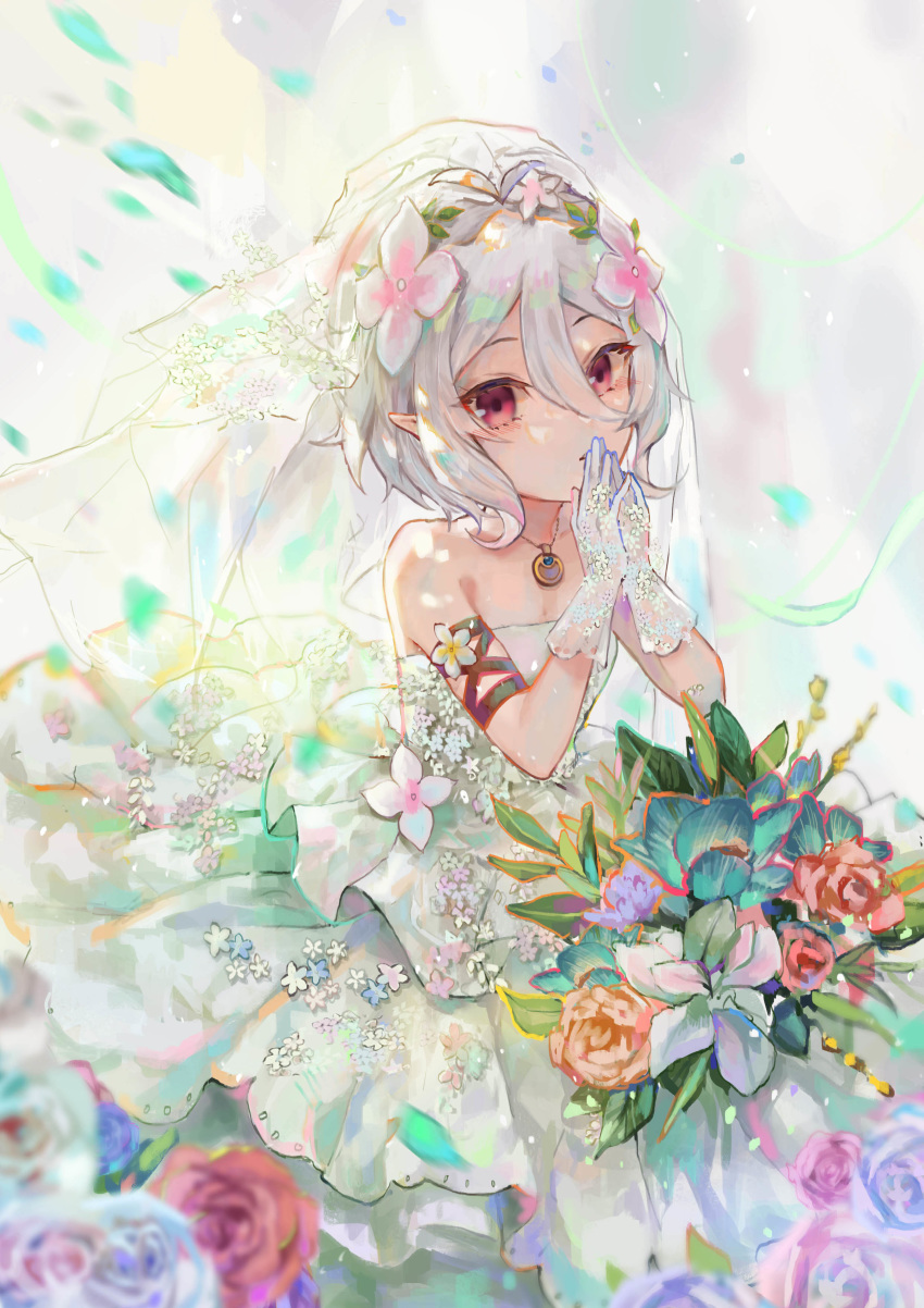 1girl absurdres bangs bare_shoulders bouquet bridal_veil bride commentary dress fang_qiao flower gloves hair_between_eyes hair_flower hair_ornament hand_to_own_mouth highres jewelry kokkoro_(princess_connect!) looking_at_viewer necklace pointy_ears princess_connect! princess_connect!_re:dive red_eyes short_hair silver_hair solo steepled_fingers strapless strapless_dress veil wedding_dress white_dress white_gloves