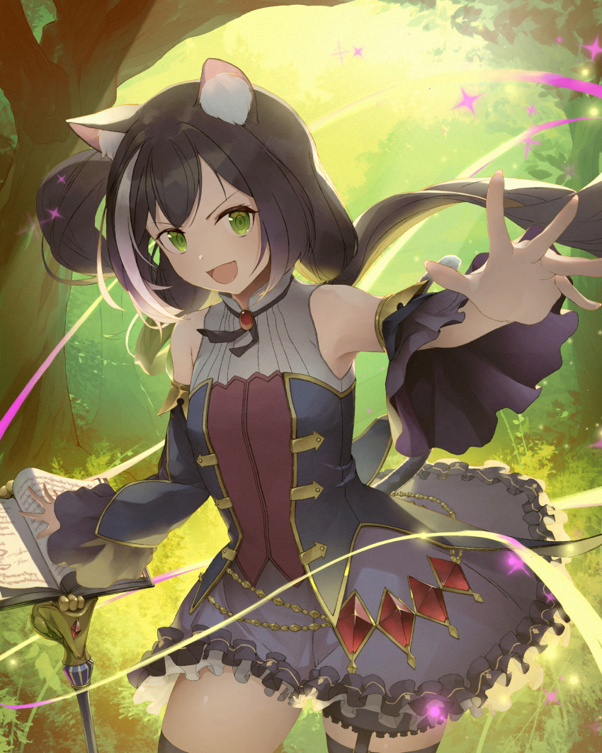 1girl 385oo animal_ear_fluff animal_ears bad_id bad_pixiv_id bangs bare_shoulders black_hair blue_dress blush breasts brooch cat_ears cat_girl cat_tail commentary detached_sleeves dress eyebrows_visible_through_hair foreshortening frilled_dress frills grass green_eyes highres jewelry karyl_(princess_connect!) long_hair looking_at_viewer low_twintails multicolored_hair open_mouth outstretched_arm perspective princess_connect! princess_connect!_re:dive sheet_music solo streaked_hair tail thigh-highs tree twintails very_long_hair white_hair
