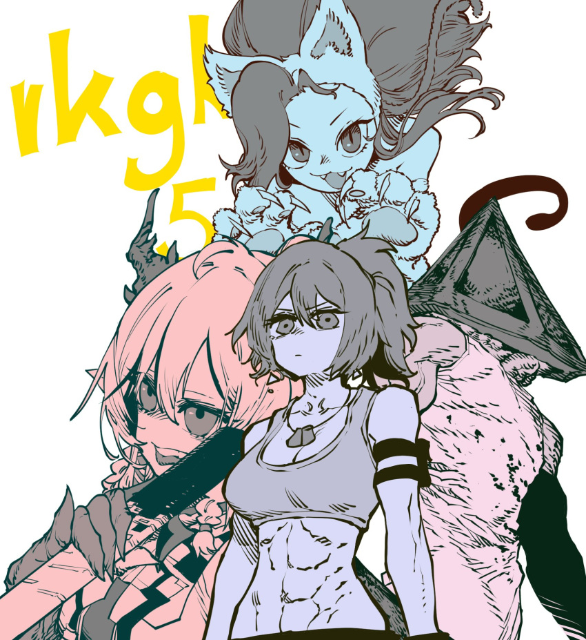 abs animal_ears arknights background_text braid cat_ears cat_girl dagger dog_tags fangs felicia_(vampire) gloves highres holding holding_dagger holding_weapon horns jewelry leona_heidern monster muscle navel nian_(arknights) paw_gloves paw_pose paws ponytail pouch pyramid pyramid_head silent_hill_2 soldier ssambatea tank_top the_king_of_fighters vampire_(game) weapon