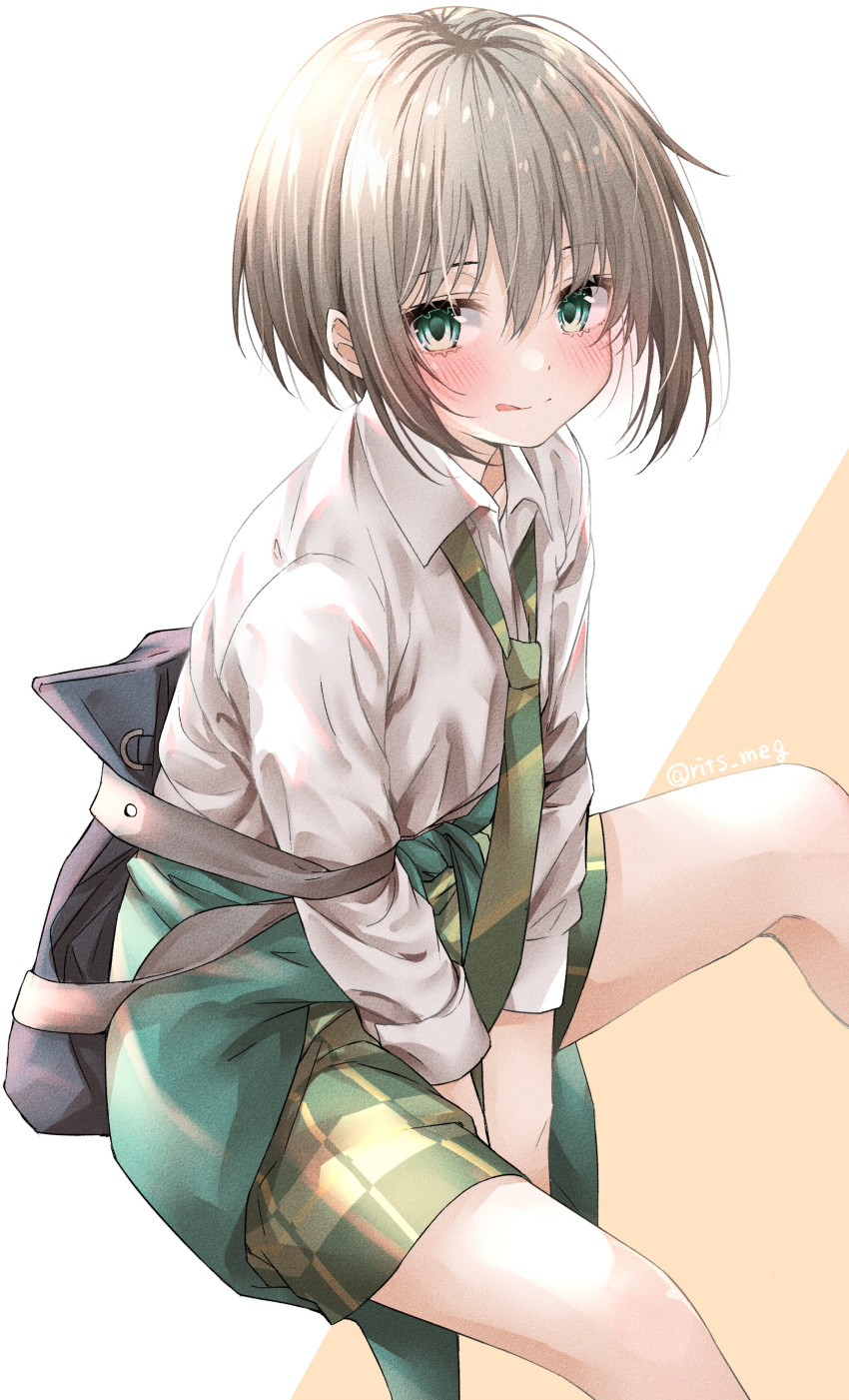 1girl absurdres aoba_moca arms_between_legs bang_dream! bangs blush closed_mouth collared_shirt commentary_request green_eyes green_neckwear green_shorts highres long_sleeves looking_at_viewer necktie rits_(apud8788) shirt short_hair shorts silver_hair simple_background sitting smile solo tongue tongue_out twitter_username white_shirt wing_collar