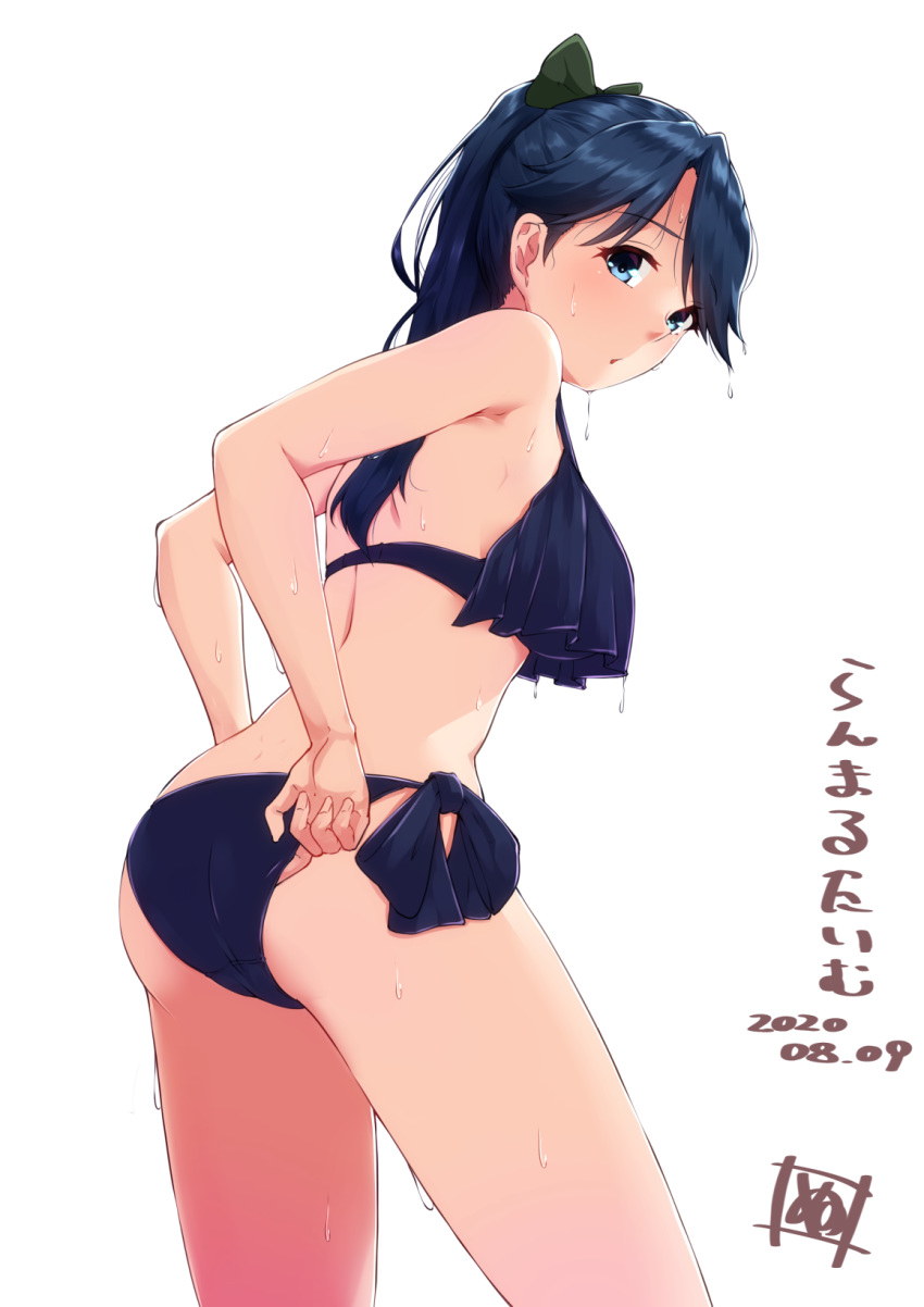 1girl alternate_costume ass bare_arms bare_shoulders bikini blue_eyes blue_hair blush breasts commentary_request cowboy_shot eyebrows_visible_through_hair from_behind highres houshou_(kantai_collection) kantai_collection long_hair looking_at_viewer looking_back nori_senbei_(norisenbei_1) parted_lips ponytail side-tie_bikini simple_background solo swimsuit wet white_background