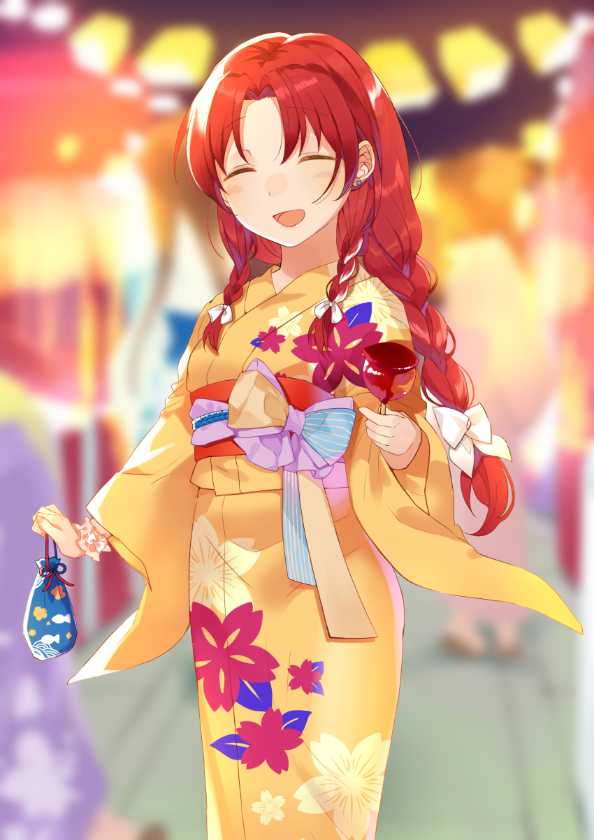 1girl :d alternate_costume bag bangs blurry blurry_background blush candy_apple closed_eyes commentary_request earrings floral_print food hair_ribbon highres holding holding_bag holding_food hong_meiling japanese_clothes jewelry kanta_(pixiv9296614) kimono long_braid long_hair low-tied_long_hair open_mouth orange_kimono parted_bangs print_kimono redhead ribbon side_braids smile solo stud_earrings touhou tress_ribbon white_ribbon