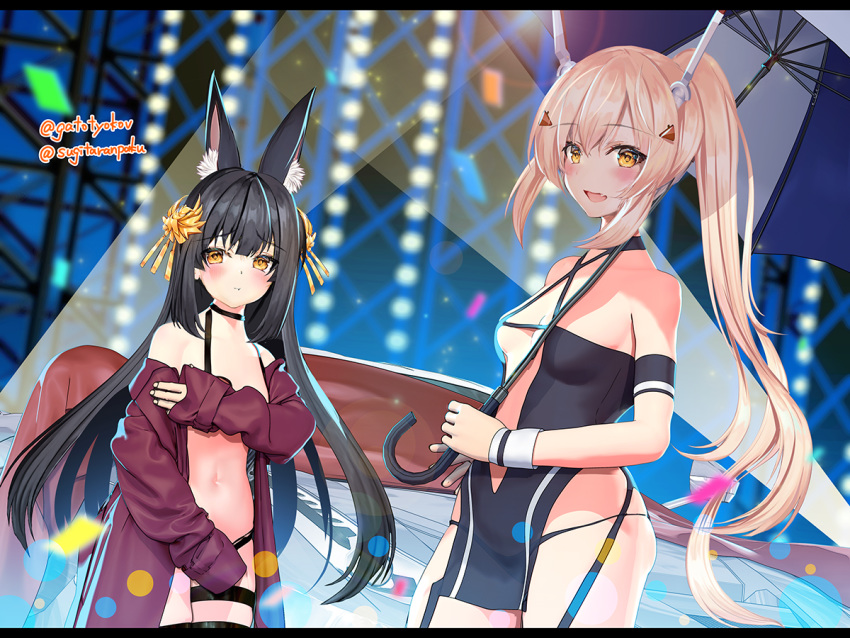 2girls alternate_costume animal_ear_fluff animal_ears ayanami_(azur_lane) azur_lane bangs bare_shoulders black_choker black_hair black_panties blush breasts car choker criss-cross_halter eyebrows_visible_through_hair fox_ears ground_vehicle halterneck headgear holding letterboxed light_brown_hair long_hair looking_at_viewer motor_vehicle multiple_girls nagato_(azur_lane) navel open_mouth panties parasol ponytail pout racequeen side_slit sidelocks sleeves_past_wrists small_breasts stage_lights sugita_ranpaku thigh_strap twitter_username umbrella underwear very_long_hair yellow_eyes