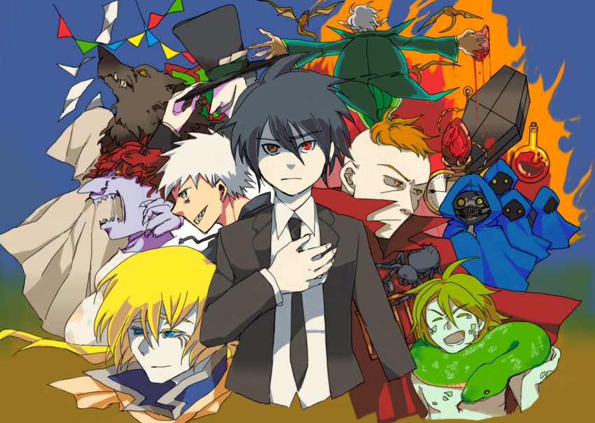 6+boys black_hair blonde_hair blood bug cape coat coffin darren_shan desmond_tiny dual_persona evra_von formal green_skin harkat_mulds hat hibernius_tall high_collar hyakkuri kurda_smahlt larten_crepsley long_hair madam_octa male_focus monster_boy multiple_boys murlough necktie outstretched_arms red_eyes redhead scales scar short_hair smile snake spider steve_leonard suit the_saga_of_darren_shan top_hat vampire wolf wolfman_(the_saga_of_darren_shan)