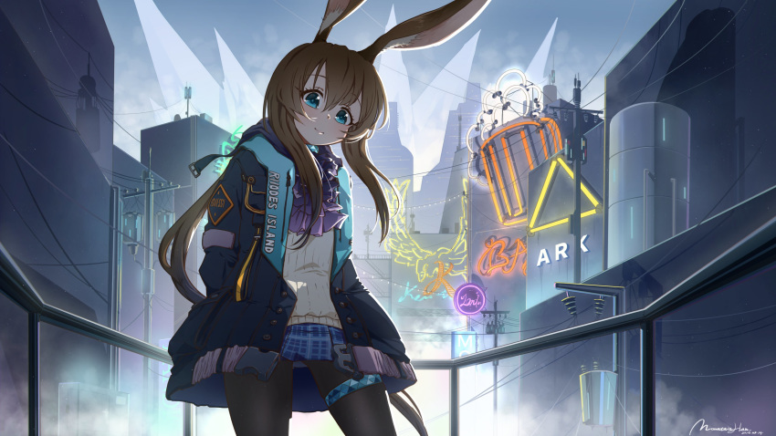 absurdres amiya_(arknights) arknights black_legwear blue_eyes blue_jacket blue_skirt brown_hair building city cowboy_shot cravat dated day donkey_ears grey_sweater hands_in_pockets head_tilt highres jacket long_hair looking_at_viewer miniskirt mountain_han neon_lights open_clothes open_jacket outdoors pantyhose pleated_skirt power_lines purple_neckwear railing sign signature skirt sky smile standing sweater telephone_pole