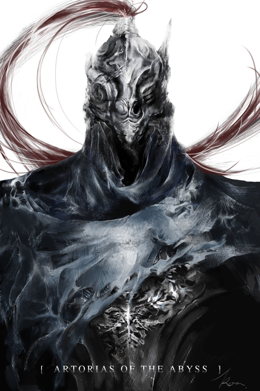 1boy armor artorias_the_abysswalker blue_capelet breastplate capelet character_name damaged dark_souls faceless facing_viewer helmet highres hood kon. male_focus plume signature simple_background solo souls_(from_software) torn_capelet upper_body white_background