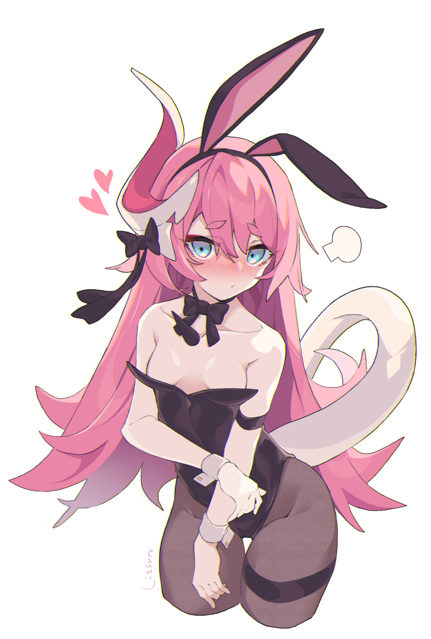1girl absurdres animal_ears bangs bare_shoulders black_bow black_hairband black_leotard blue_eyes blush bow breasts brown_legwear bunnysuit closed_mouth collarbone cropped_torso curled_horns eyebrows_visible_through_hair fake_animal_ears groin hair_between_eyes hairband highres honkai_(series) honkai_impact_3rd horns leotard litsvn long_hair looking_at_viewer nose_blush pantyhose pink_hair rabbit_ears rozaliya_olenyeva short_eyebrows signature simple_background single_horn small_breasts solo strapless strapless_leotard tail thick_eyebrows thigh_gap very_long_hair white_background wrist_cuffs
