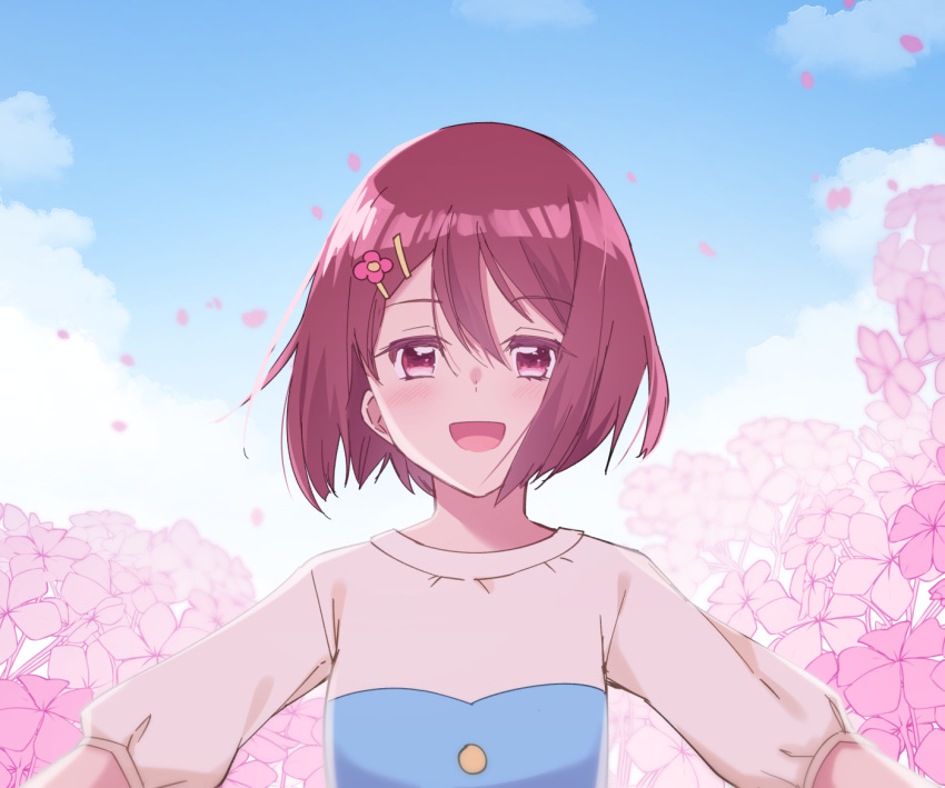 1girl :d bangs blue_sky brown_hair day eyebrows_visible_through_hair flower hair_between_eyes hair_flower hair_ornament hairclip hanadera_nodoka healin'_good_precure looking_at_viewer open_mouth outdoors pink_flower precure red_eyes red_flower ronorono shiny shiny_hair shirt short_hair sky smile solo upper_body white_shirt