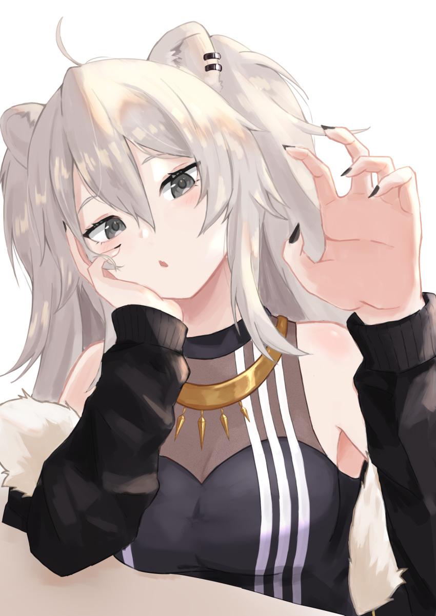 1girl 6mint :o absurdres ahoge animal_ears bare_shoulders black_nails blush breasts earrings eyebrows_visible_through_hair fur-trimmed_jacket fur_trim grey_eyes grey_hair hair_between_eyes hand_up head_tilt highres hololive jacket jewelry large_breasts lion_ears lion_girl long_hair looking_at_viewer necklace open_mouth shirt shishiro_botan solo virtual_youtuber