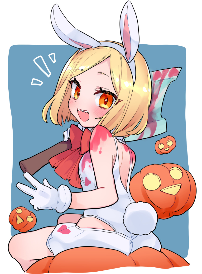 1girl absurdres animal_ears axe back bangs bare_shoulders blonde_hair blue_background blush border breasts bunny_tail bunnysuit fate/grand_order fate_(series) gloves highres jack-o'-lantern leotard looking_at_viewer looking_back manami_(fearfac666) open_mouth orange_eyes parted_bangs pumpkin rabbit_ears red_neckwear sharp_teeth short_hair sitting small_breasts smile tail teeth thighs white_border white_gloves white_leotard