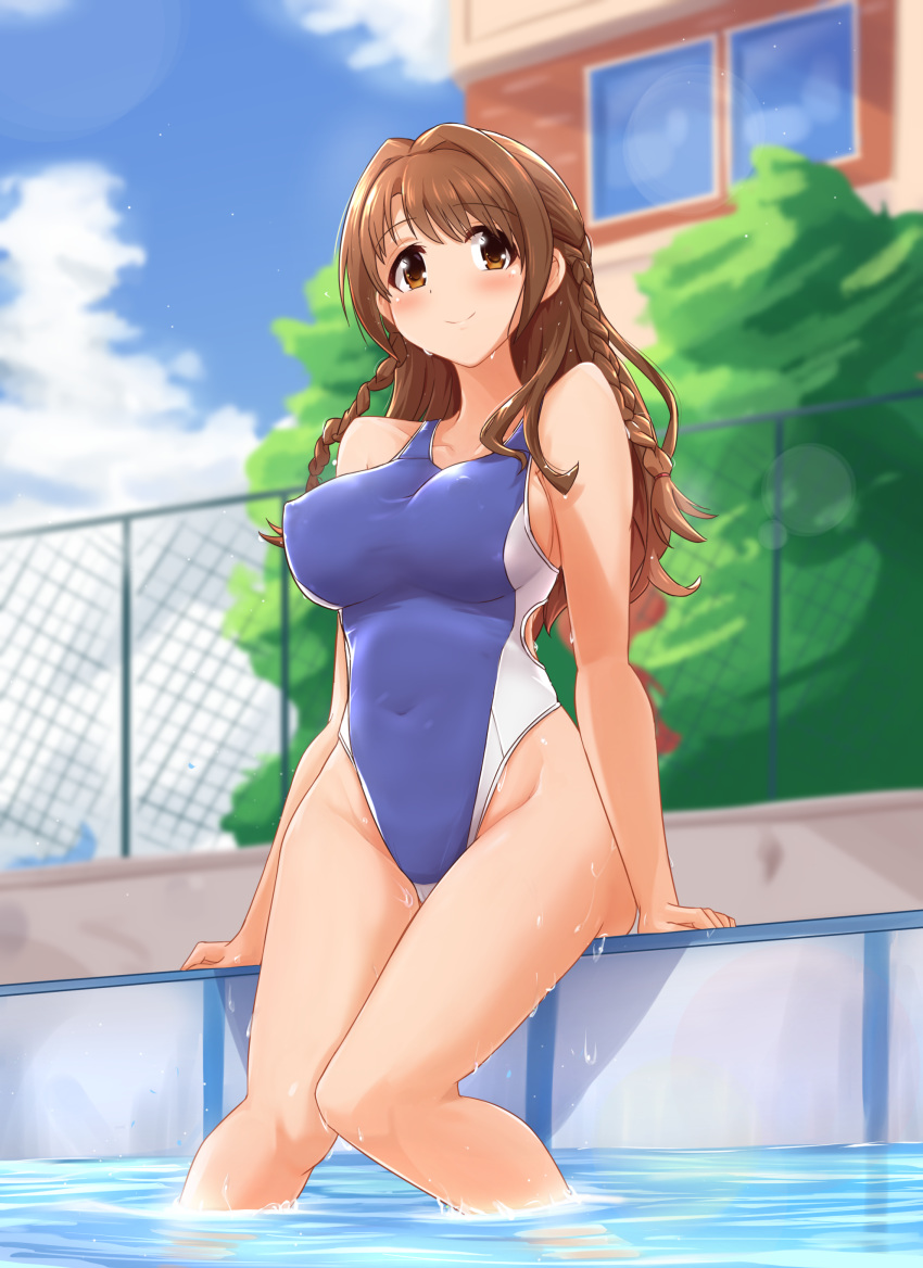 1girl absurdres arm_support bangs bare_arms bare_legs bare_shoulders blue_swimsuit blurry blurry_background blush braid breasts brown_eyes brown_hair building chain-link_fence closed_mouth collarbone commentary_request competition_swimsuit covered_navel covered_nipples day eyebrows_visible_through_hair feet_out_of_frame fence from_below groin highleg highleg_swimsuit highres idolmaster idolmaster_cinderella_girls knees_together_feet_apart light_particles long_hair looking_at_viewer medium_breasts one-piece_swimsuit outdoors pool poolside shimamura_uzuki shiny shiny_hair sideboob sitting smile soaking_feet solo swimsuit tree twin_braids two-tone_swimsuit twogie water water_drop wet wet_hair white_swimsuit
