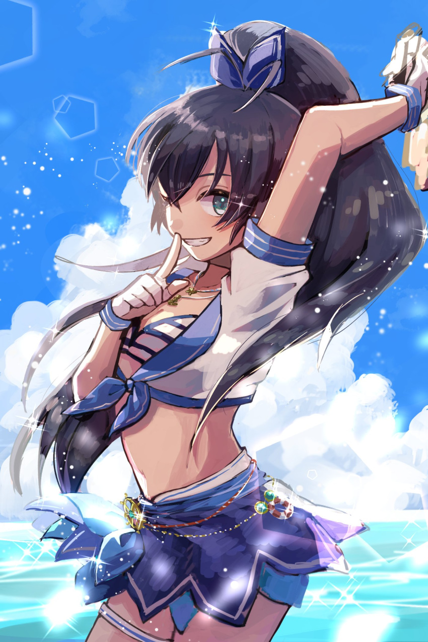 1girl antenna_hair arm_up bangs bikini black_hair blue_eyes blue_skirt breasts clouds day finger_to_mouth gakkou_tikoku ganaha_hibiki gloves grin hair_ribbon highres idolmaster idolmaster_(classic) index_finger_raised jewelry long_hair necklace ocean one_eye_closed outdoors ponytail ribbon short_sleeves skirt sky smile solo sparkle swimsuit swimsuit_under_clothes thigh_strap water white_gloves