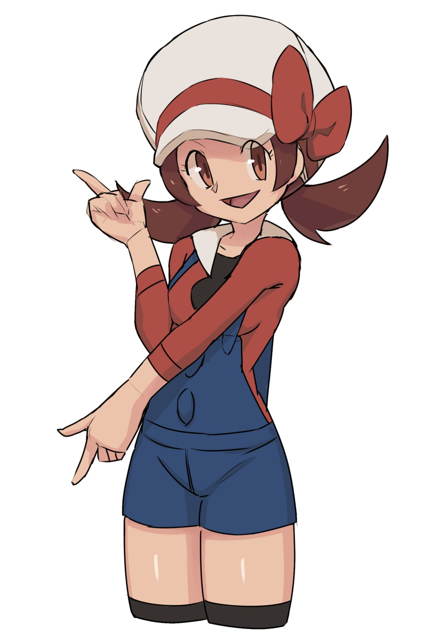 1girl :d absurdres blue_overalls breasts brown_eyes brown_hair cabbie_hat hat hat_ribbon highres kotone_(pokemon) long_hair looking_at_viewer nyonn24 open_mouth overalls pokemon pokemon_(game) pokemon_hgss ribbon simple_background smile solo thigh-highs twintails white_background
