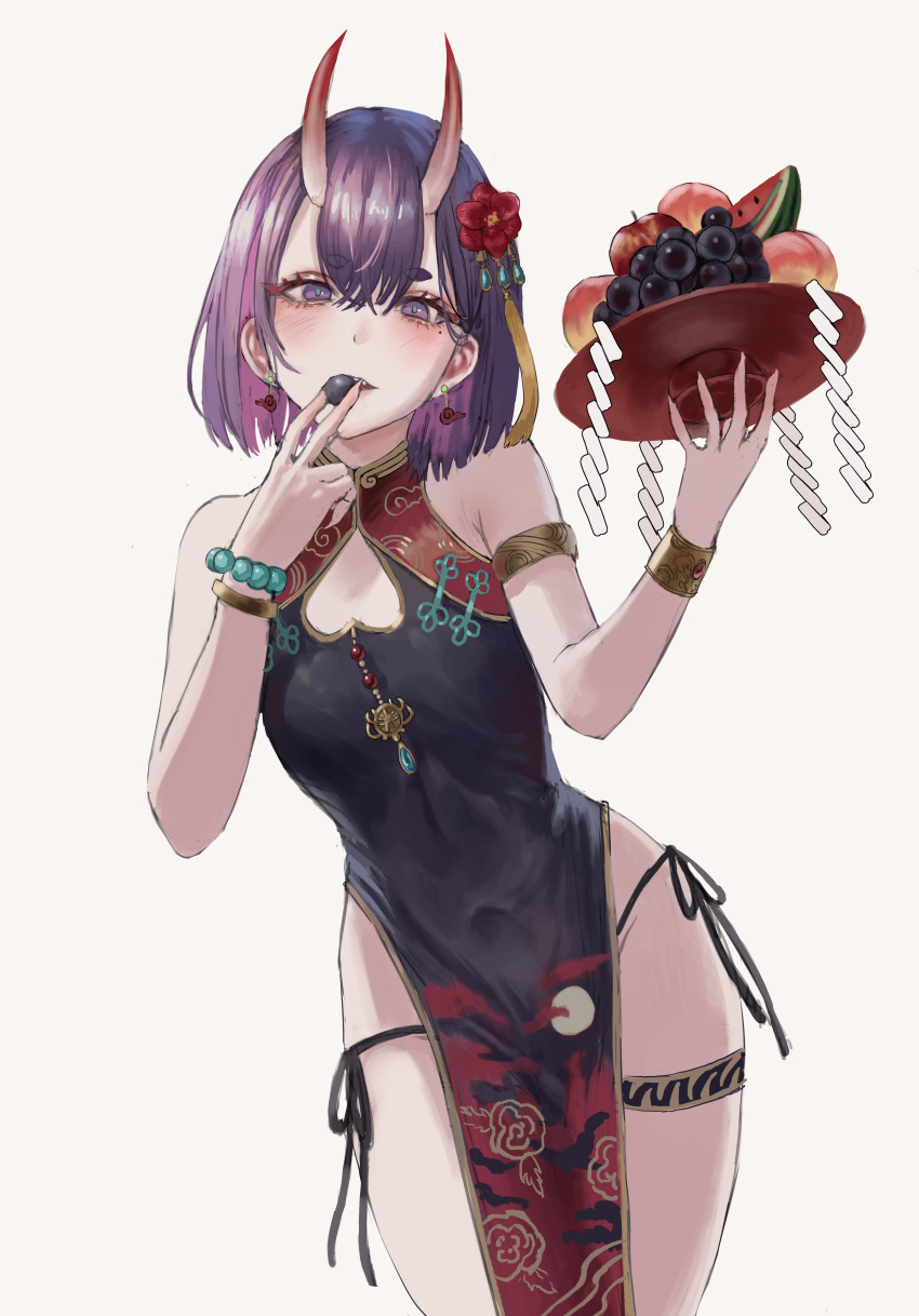 1girl absurdres bare_arms bare_shoulders blush breasts china_dress chinese_clothes dress fate/grand_order fate_(series) food gold_can hair_ornament hand_to_own_mouth hands_up highres horns looking_at_viewer oni oni_horns purple_hair short_hair shuten_douji_(fate/grand_order) simple_background small_breasts strap thighs violet_eyes