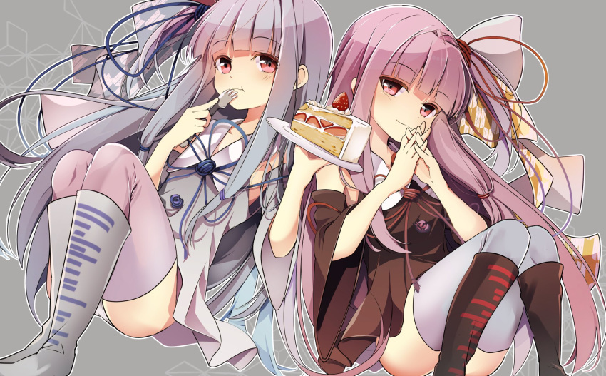 2girls bangs black_dress black_footwear black_sleeves blue_hair blue_legwear blunt_bangs boots cake commentary detached_sleeves dress eating fingers_together food fork grey_background grey_dress grey_footwear grey_sleeves hair_ribbon hands_up highres holding holding_cake holding_food holding_fork holding_plate interlocked_fingers japanese_clothes knee_boots kotonoha_akane kotonoha_aoi long_hair looking_at_viewer multiple_girls pink_eyes pink_hair pink_legwear plate rasu_(mtn) ribbon siblings sisters sitting smile strawberry_shortcake thigh-highs very_long_hair voiceroid