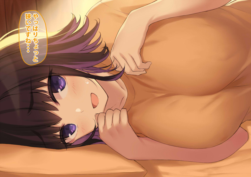 1girl blush breasts cccpo commentary_request large_breasts looking_at_viewer lying on_side open_mouth orange_shirt original pillow purple_hair shirt short_hair smile sweatdrop translation_request violet_eyes