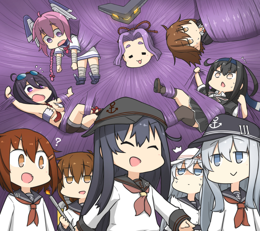 6+girls :3 =_= ? ^_^ ^o^ absurdly_long_hair akatsuki_(kantai_collection) anchor_symbol ariake_(kantai_collection) black_headwear black_legwear black_sailor_collar black_skirt blazer blue_eyes blush braid brown_eyes brown_footwear brown_hair closed_eyes closed_mouth commentary_request dual_persona eyebrows_visible_through_hair flat_cap folded_ponytail hair_between_eyes hamu_koutarou hat hatsuharu_(kantai_collection) hatsushimo_(kantai_collection) headgear hibiki_(kantai_collection) highres ikazuchi_(kantai_collection) inazuma_(kantai_collection) jacket kantai_collection kneehighs long_hair long_sleeves multiple_girls neckerchief necktie nenohi_(kantai_collection) open_mouth pink_hair pleated_skirt purple_hair red_neckwear remodel_(kantai_collection) sailor_collar sailor_shirt school_uniform serafuku shaded_face shirt shoes short_hair short_sleeves silver_hair single_braid single_kneehigh single_thighhigh skirt smile thigh-highs v-shaped_eyebrows verniy_(kantai_collection) very_long_hair wakaba_(kantai_collection) white_headwear white_shirt yellow_eyes