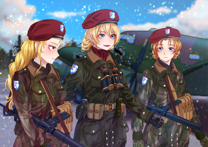 absurdres aircraft ammunition_pouch assam_(girls_und_panzer) bangs beret binoculars blonde_hair darjeeling_(girls_und_panzer) emblem explosive girls_und_panzer gloves grenade gun hat highres holding holding_gun holding_weapon long_hair military military_uniform orange_pekoe_(girls_und_panzer) pouch short_hair skirt snow st._gloriana's_(emblem) sten_gun submachine_gun tigern_(tigern28502735) uniform weapon