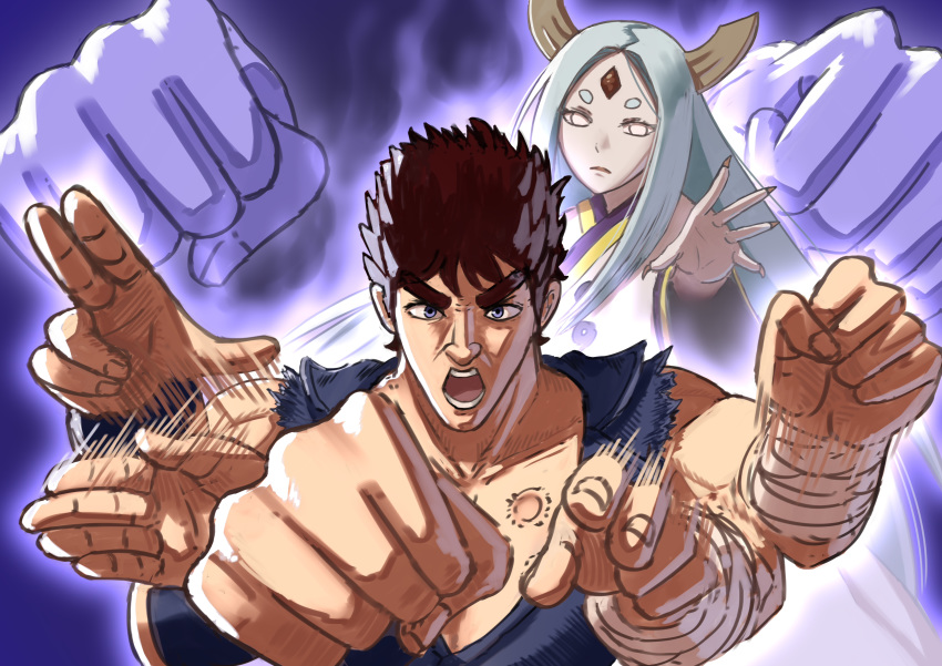 1boy 1girl absurdres aura clenched_hand crossover drawfag facial_mark fingernails forehead_jewel forehead_mark grey_eyes highres hokuto_no_ken horns kenshirou long_fingernails long_hair looking_at_viewer motion_blur naruto_(series) ootsutsuki_kaguya open_mouth punching screaming silver_hair thick_eyebrows very_long_hair white_eyes