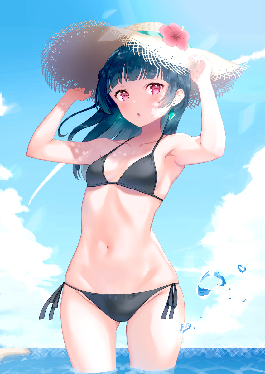 1girl :o absurdres armpits arms_up ass_visible_through_thighs bangs bare_arms bare_shoulders bikini black_bikini black_hair blue_sky blunt_bangs blush breasts collarbone condensation_trail cowboy_shot day earrings eyebrows_visible_through_hair flower groin hands_on_headwear hat hat_flower hat_ornament hibiscus highres horizon jewelry looking_at_viewer love_live! love_live!_sunshine!! luna_(mi-chanman) ocean open_mouth outdoors side-tie_bikini sky small_breasts solo swimsuit tsushima_yoshiko violet_eyes wading water