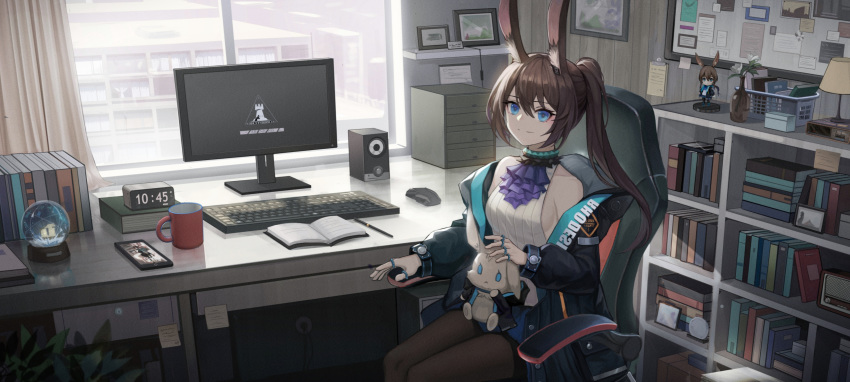 1girl absurdres amiya_(arknights) animal_ear_fluff animal_ears arknights ascot bangs bare_shoulders black_jacket blue_eyes book bookshelf breasts brown_hair brown_legwear cabinet cellphone chair choker clock coffee_cup cup day desk desk_lamp digital_clock disposable_cup eyebrows_visible_through_hair figure flower frilled_ascot frills hair_between_eyes highres indoors jacket jewelry keyboard_(computer) lamp long_hair long_sleeves looking_at_viewer monitor mouse_(computer) office_chair open_book open_clothes open_jacket pantyhose pen phone photo_(object) picture_frame ponytail rabbit_ears radio rhodes_island_logo ring shirt sideboob sidelocks sitting smile solo speaker sticky_note stuffed_animal stuffed_toy white_shirt window zhai