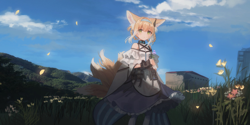 1girl absurdres animal_ear_fluff animal_ears aqua_hairband arknights bare_shoulders blue_hairband blue_sky chihuri flower fox_ears fox_girl fox_tail grass grasslands green_eyes grey_hairband hair_rings hairband highres kyuubi looking_at_viewer multiple_tails short_hair sky stairs stone_stairs suzuran_(arknights) tail