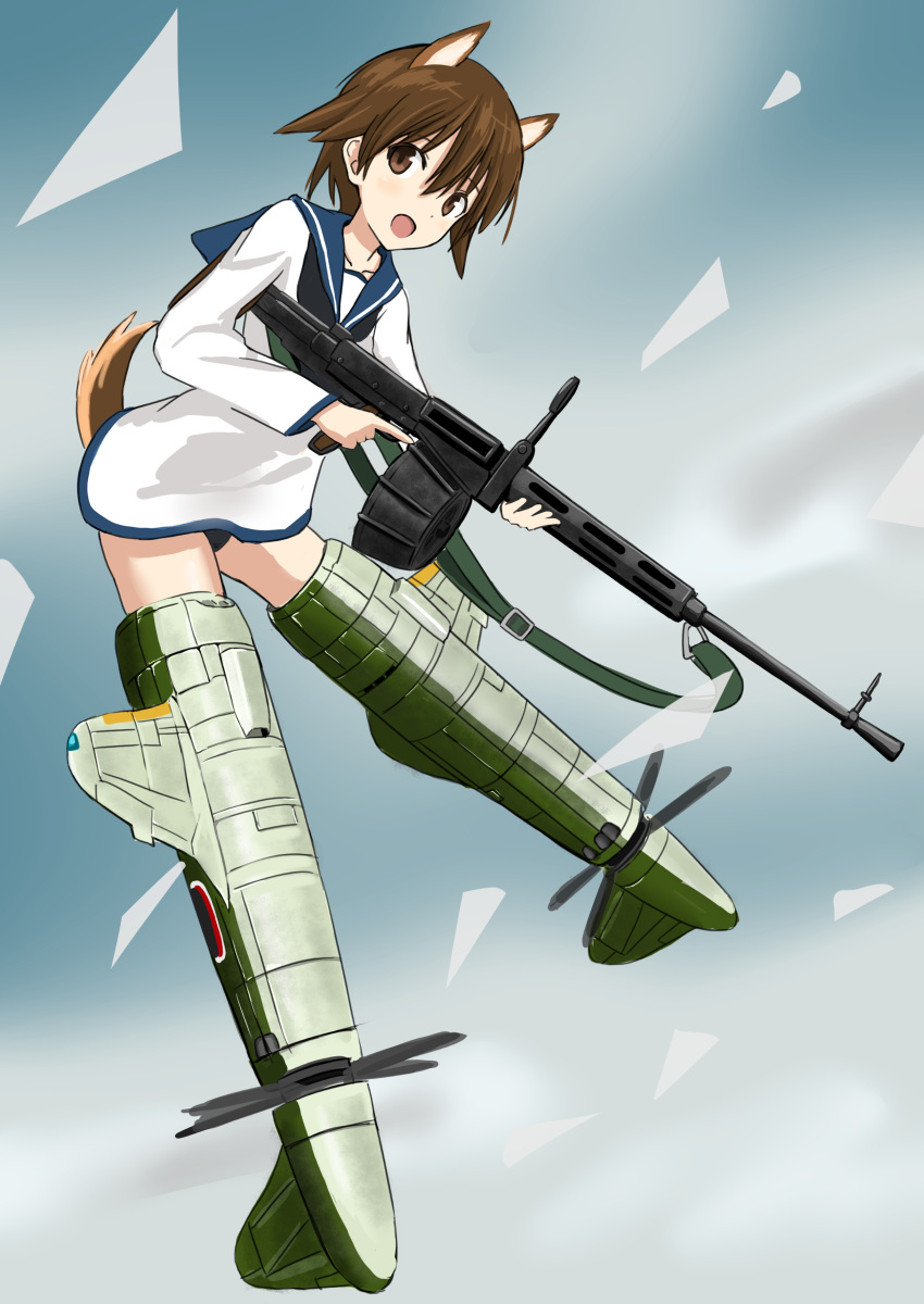 1girl absurdres animal_ears bangs black_neckerchief blouse blue_sailor_collar brown_eyes brown_hair clouds cloudy_sky commentary dog_ears dog_tail drum_magazine flying full_body gun heavy_machine_gun highres holding holding_gun holding_weapon leaning_forward long_sleeves looking_at_viewer machine_gun magazine_(weapon) miyafuji_yoshika neckerchief no_pants open_mouth outdoors sailor_collar short_hair sky smile solo strike_witches striker_unit tail turkeysand_(fernandear_504) type_99_cannon weapon white_blouse world_witches_series