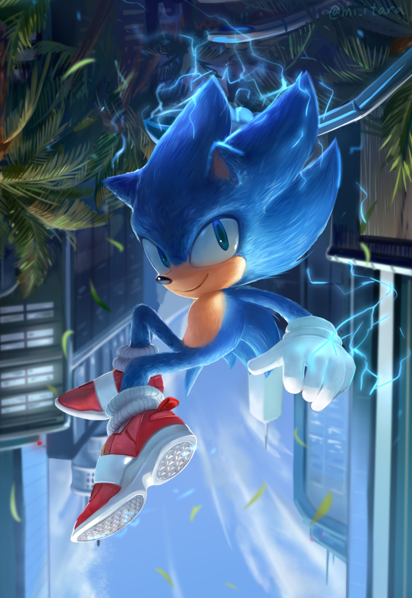 1boy animal_ears artist_name blue_eyes blue_hair blue_sky building closed_mouth clouds day electricity english_commentary full_body furry gloves happy highres lamppost looking_at_viewer male_focus miitara outdoors red_footwear shoes sky skyscraper smile solo sonic sonic_the_hedgehog sonic_the_hedgehog_(film) tail tree twitter_username upside-down watermark white_gloves