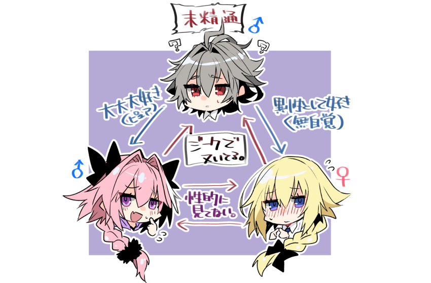 1girl 2boys ? astolfo_(fate) blonde_hair blue_eyes blush bow braid braided_ponytail commentary_request eyebrows_visible_through_hair fang fate/apocrypha fate_(series) flying_sweatdrops grey_hair hair_between_eyes hair_bow haoro highlights jeanne_d'arc_(fate) jeanne_d'arc_(fate)_(all) long_hair looking_at_viewer mars_symbol multicolored_hair multiple_boys open_mouth pink_hair red_eyes sieg_(fate/apocrypha) skin_fang translation_request two-tone_hair venus_symbol violet_eyes white_hair