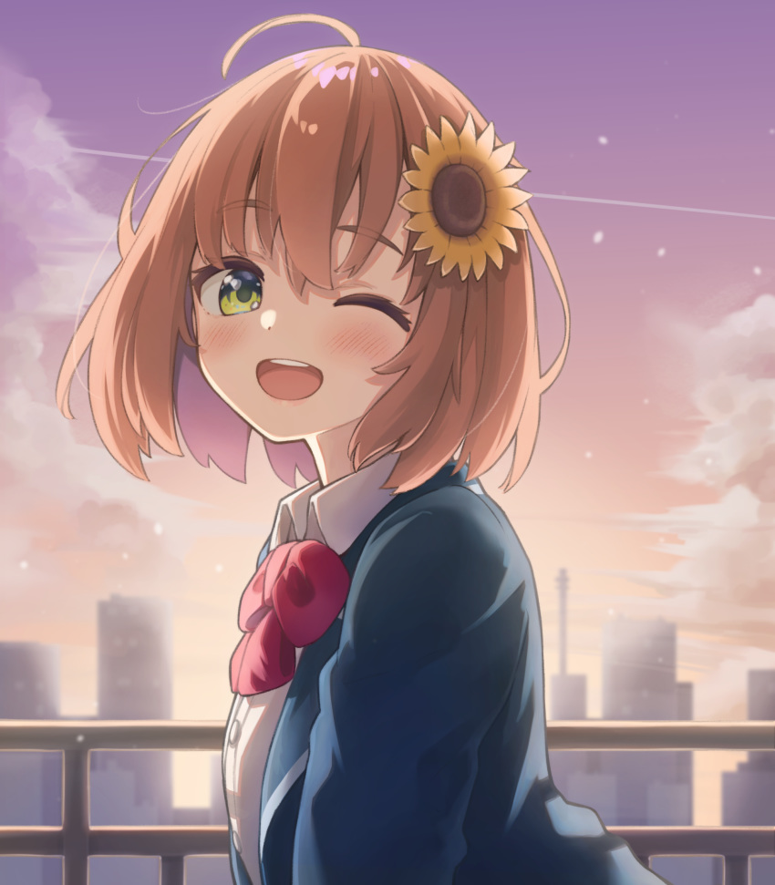 1girl :d absurdres ahoge blush bow bowtie clouds commentary_request ene_mizunoawa flower green_eyes hair_flower hair_ornament highres honma_himawari long_sleeves looking_at_viewer nijisanji one_eye_closed open_mouth orange_hair outdoors red_bow red_neckwear round_teeth shirt short_hair sky smile solo sunflower_hair_ornament sunset teeth upper_teeth urban virtual_youtuber white_shirt