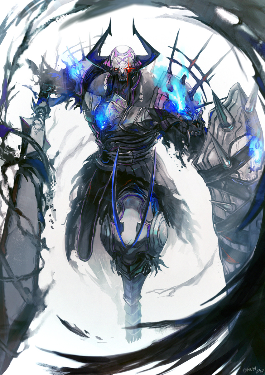 1boy armor black_cloak blue_fire cloak fate/grand_order fate_(series) fire full_body glowing glowing_eyes highres horned_headwear horns king_hassan_(fate/grand_order) looking_at_viewer makitoyuito male_focus shield skull skull_mask solo spikes weapon