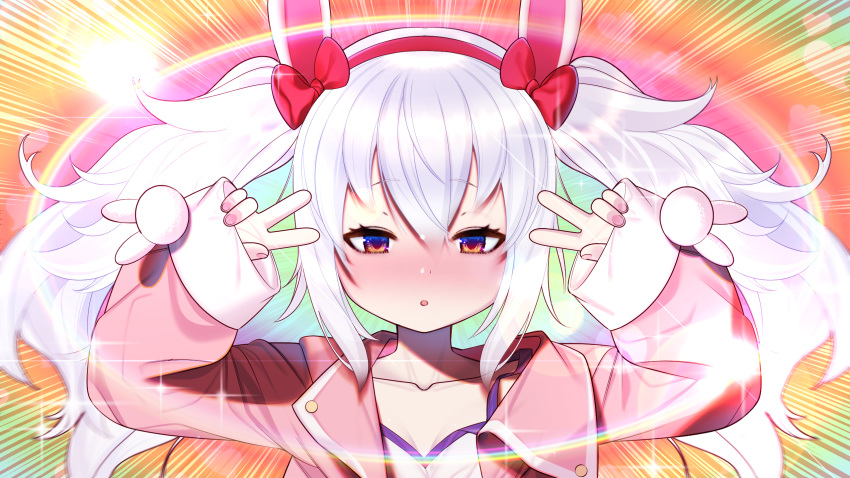 1girl animal_ears azur_lane bangs blush bow brown_eyes collarbone double_v emotional_engine_-_full_drive eyebrows_visible_through_hair fake_animal_ears fate/grand_order fate_(series) hair_between_eyes hair_bow highres jacket laffey_(azur_lane) long_hair looking_at_viewer nanaken_nana nose_blush open_clothes open_jacket parody pink_jacket portrait rabbit_ears red_bow silver_hair sleeves_past_wrists solo sparkle twintails v