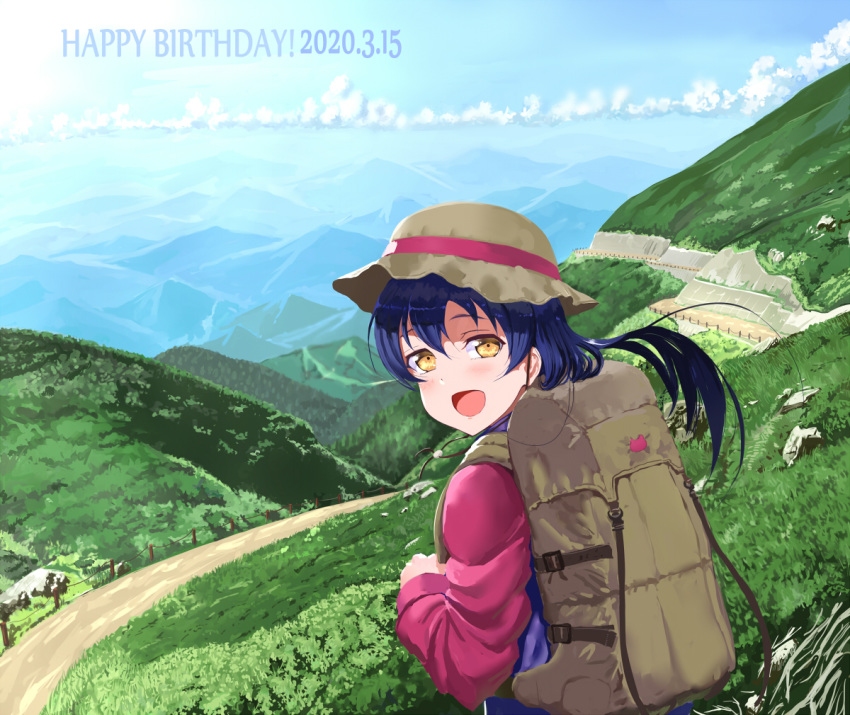 1girl backpack bag bangs blue_hair clouds dated day hair_between_eyes happy_birthday hat jyon long_hair looking_at_viewer looking_back love_live! love_live!_school_idol_project mountain mountainous_horizon open_mouth outdoors sky sonoda_umi yellow_eyes