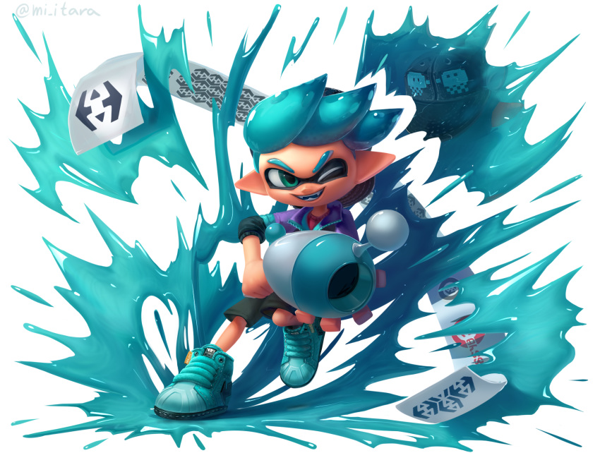 1boy aqua_eyes artist_name backwards_hat bangs baseball_cap black_headwear black_shorts blue_footwear blue_hair commission domino_mask english_commentary fangs full_body happy hat highres holding holding_weapon inkling jacket leg_up looking_to_the_side luna_blaster_(splatoon) male_focus mask miitara one_eye_closed open_mouth paint pointy_ears purple_jacket red_shirt reflection shiny shiny_hair shirt shoes short_hair shorts simple_background smile solo splatoon_(series) splatter standing standing_on_one_leg teeth tentacle_hair tentacles twitter_username watermark weapon white_background zipper