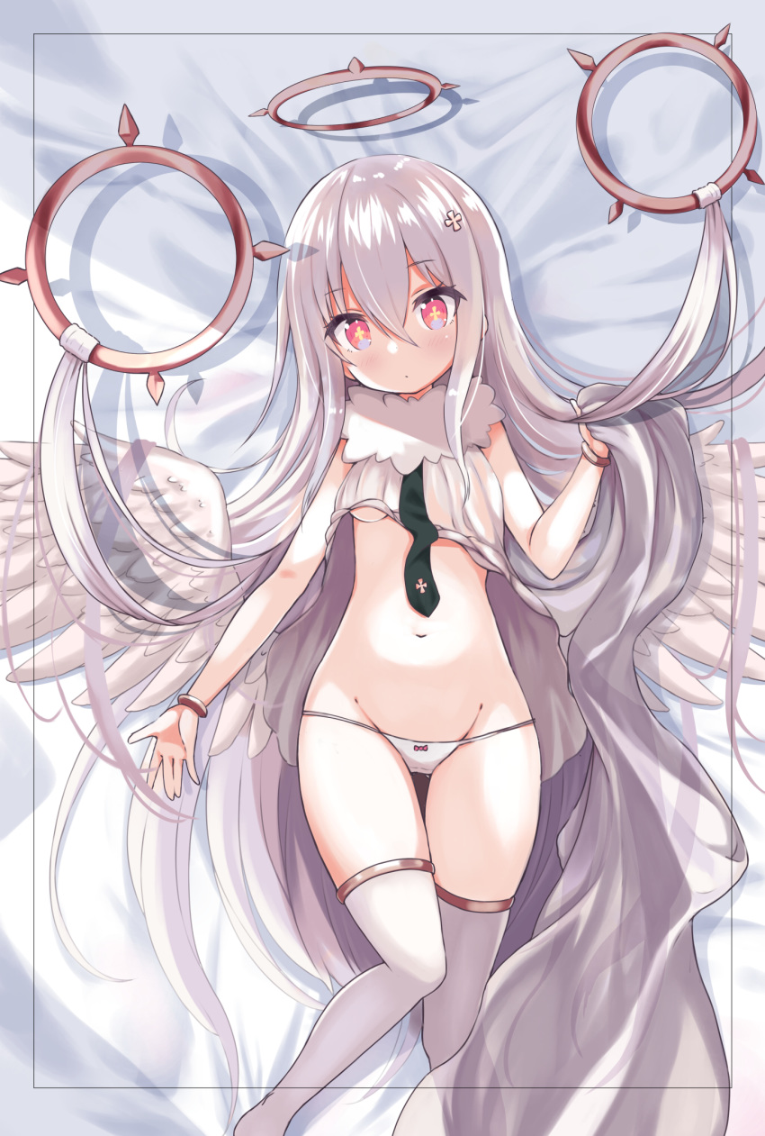 +_+ 1girl bangs bed_sheet black_neckwear blush bow bow_panties closed_mouth commentary_request dress eyebrows_visible_through_hair feathered_wings grey_hair groin hair_between_eyes hand_up head_tilt highres long_hair looking_at_viewer low_wings lowleg lowleg_panties navel original panties red_eyes siragagaga sleeveless sleeveless_dress solo thigh-highs underwear very_long_hair white_dress white_legwear white_panties white_wings wings