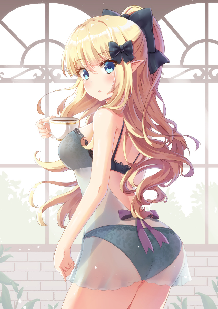 1girl absurdres bangs black_bow black_bra black_panties blonde_hair blue_eyes bow bra breasts commentary_request cup elf eyebrows_visible_through_hair hair_bow highres holding holding_cup holmemee lace lace-trimmed_bra lace-trimmed_panties large_breasts lingerie long_hair looking_at_viewer open_mouth panties pointy_ears ponytail princess_connect! princess_connect!_re:dive purple_bow saren_(princess_connect!) see-through shiny shiny_hair solo teacup underwear window