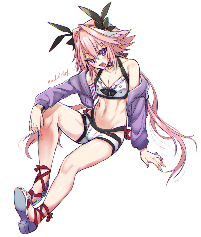 1boy artist_name astolfo_(saber)_(fate) bare_shoulders blush choker collarbone commentary_request eyebrows_visible_through_hair eyes_visible_through_hair fate/grand_order fate_(series) hair_between_eyes haoro highlights highres jacket long_hair long_sleeves looking_at_viewer midriff multicolored_hair navel open_mouth pink_hair sandals simple_background sitting solo stomach twitter_username two-tone_hair violet_eyes watermark white_background white_hair